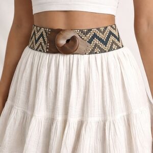 Boho Wide Waist Beaded Belt with Wooden Buckle - Womens Elastic
